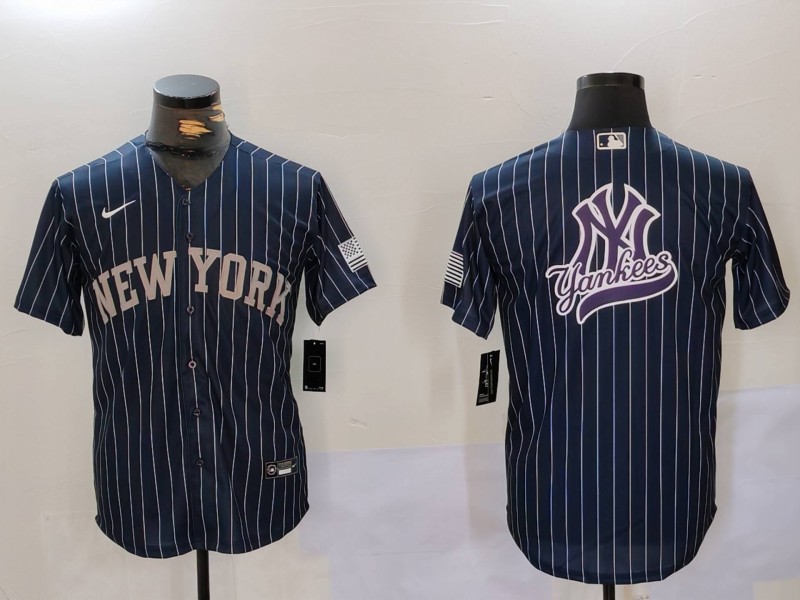 Men New York Yankees Blank Blue stripe joint name 2024 Nike MLB Jersey style 91212